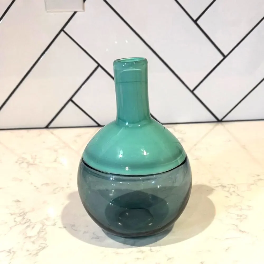 West Elm Vitreluxe Hand Blown Glass Vase in a green/teal mid century modern